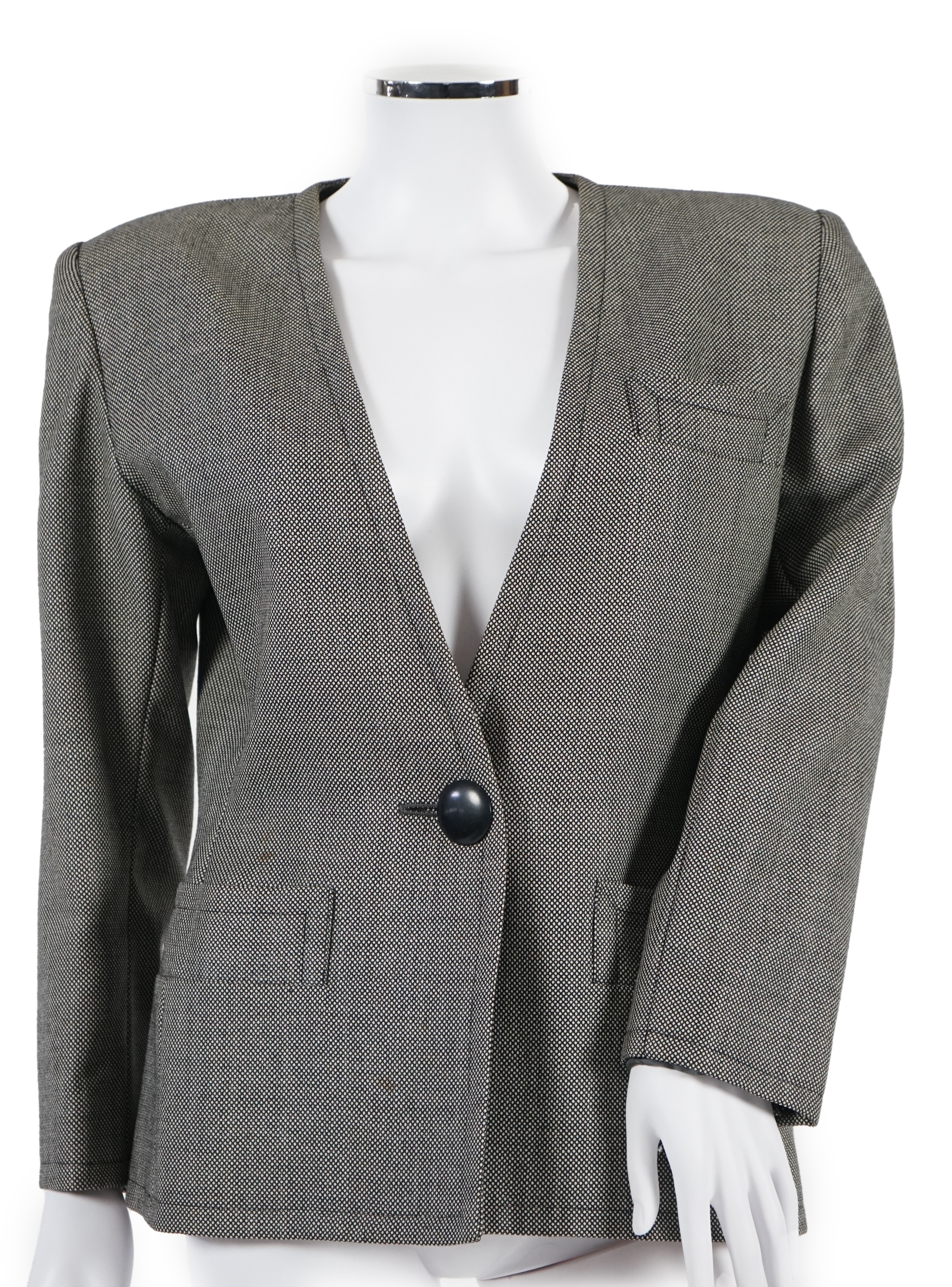 Two vintage Yves Saint Laurent variation lady's suits with matching trousers and skirts, F 40 (UK 12). Please note alterations to make the waist smaller may have been carried out on some of the skirts. Proceeds to Happy